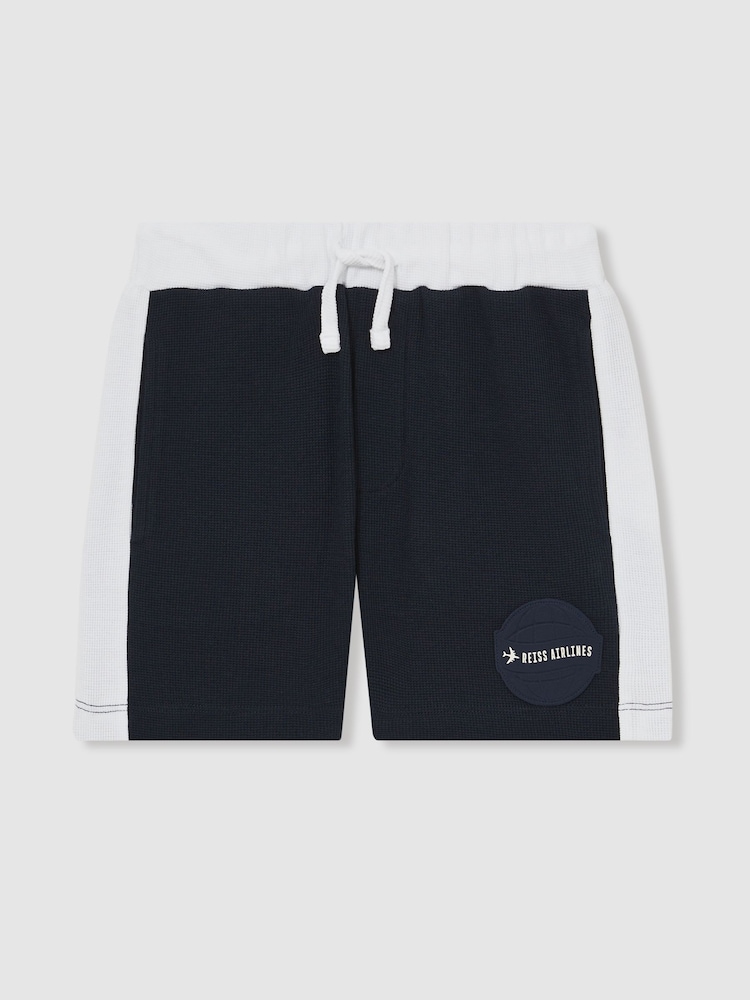 Off White/Navy - Reiss Cane Cotton Waffle-Knit Badge Shorts - Imagen 2 de 4