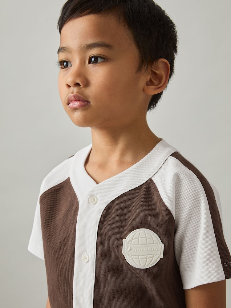 Chocolate Brown / Off White - Reiss Nori Cotton Waffle-Knit Badge Shirt - Image 1 of 4