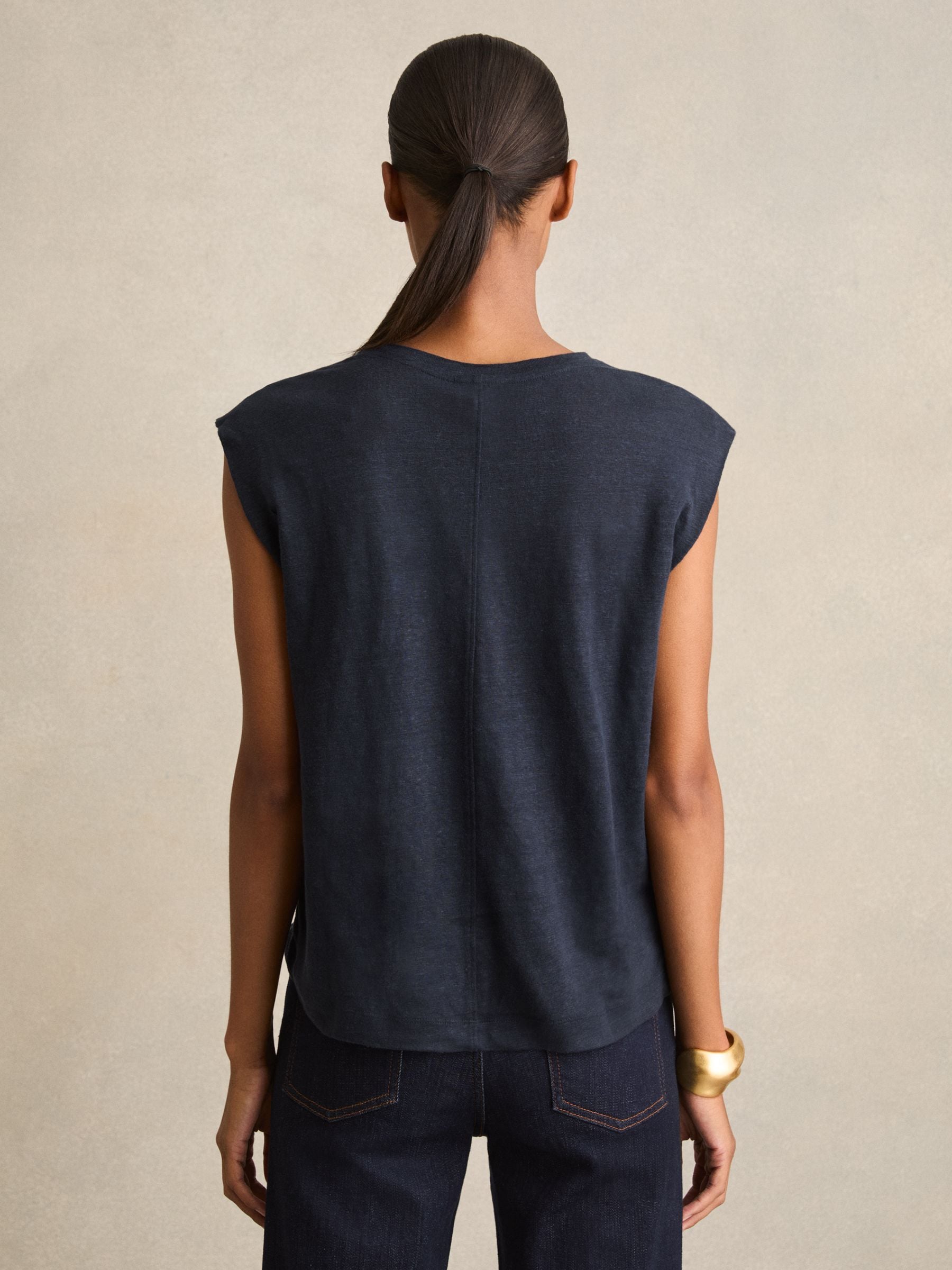 購買海軍藍- Reiss Mara Linen Cap-Sleeve T-Shirt from Next