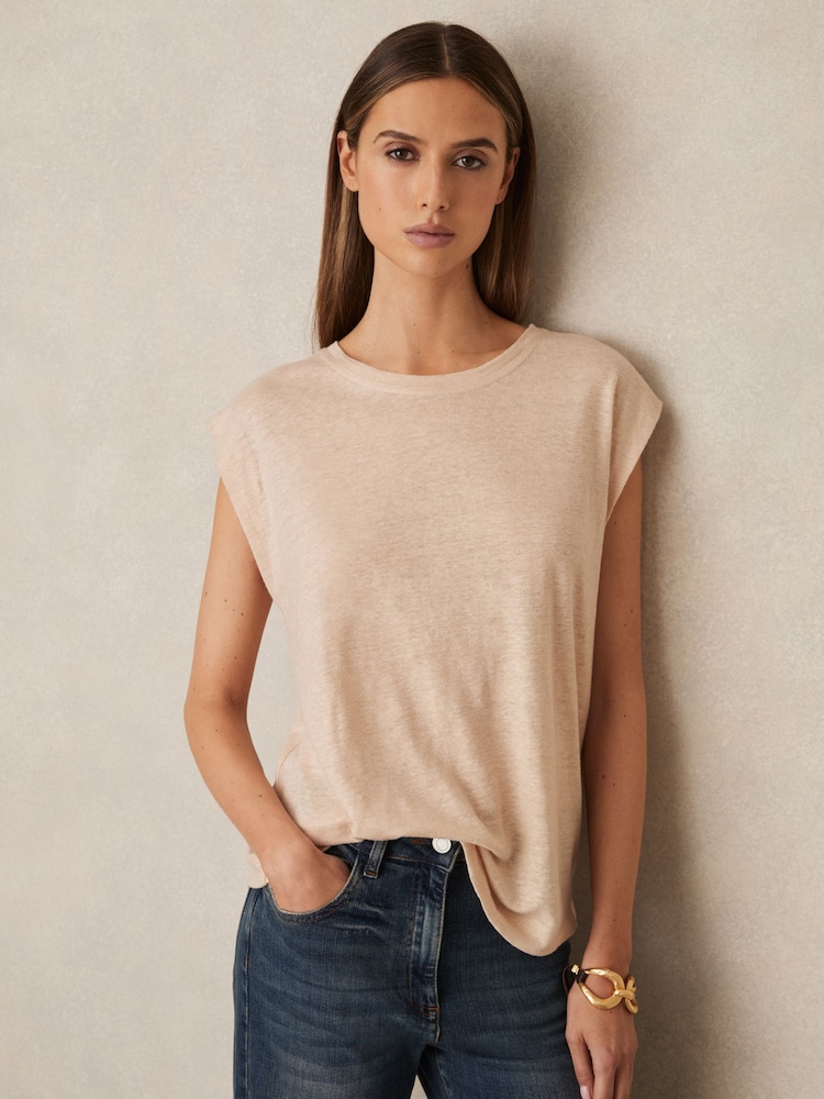 Reiss Peach Mara Linen Cap-Sleeve T-Shirt - Image 1 of 1 Reiss Peach Mara Linen Cap-Sleeve T-Shirt - Image 1 of 1