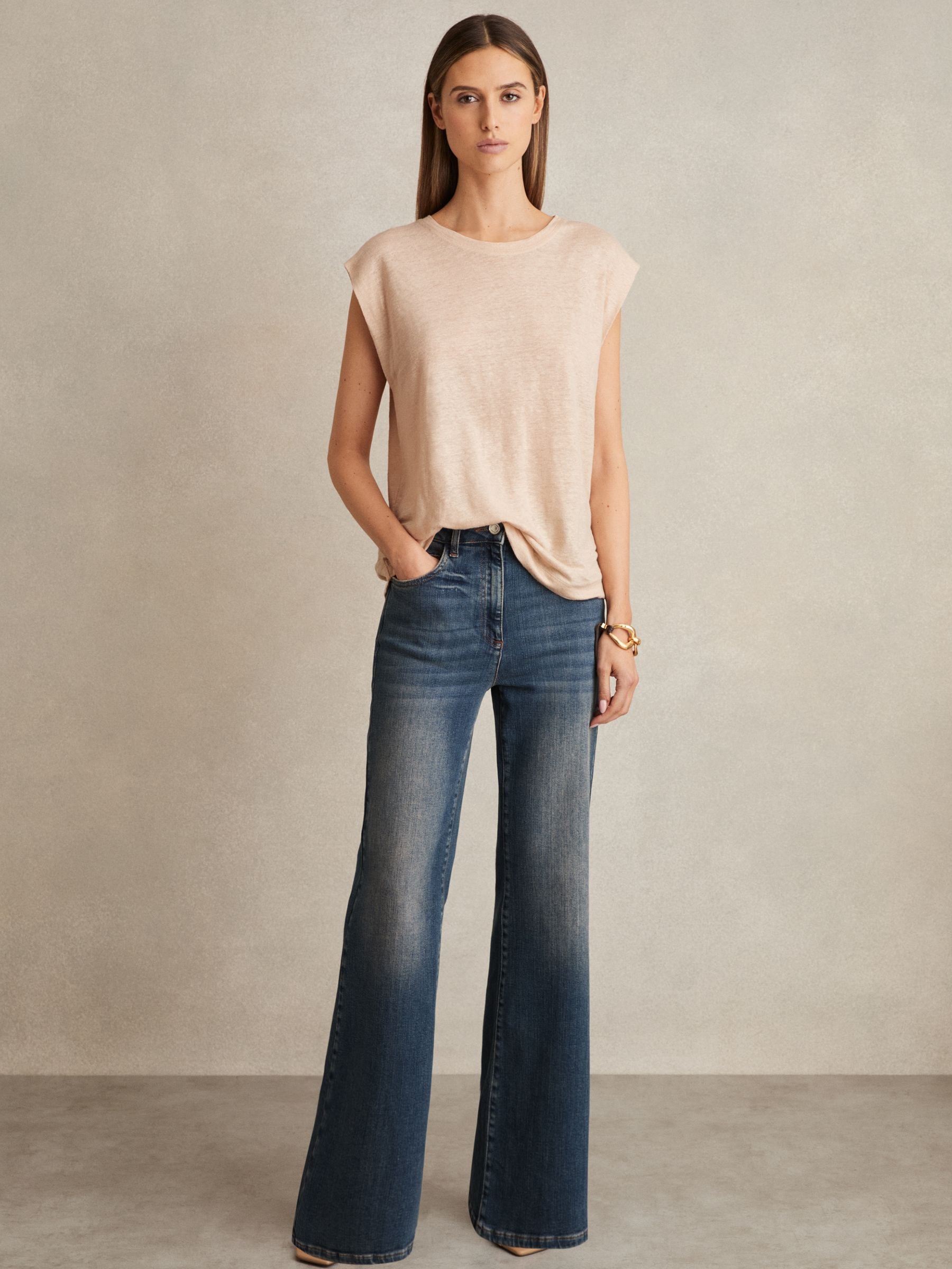 Buy Reiss Peach Mara Linen Cap-Sleeve T-Shirt from Next