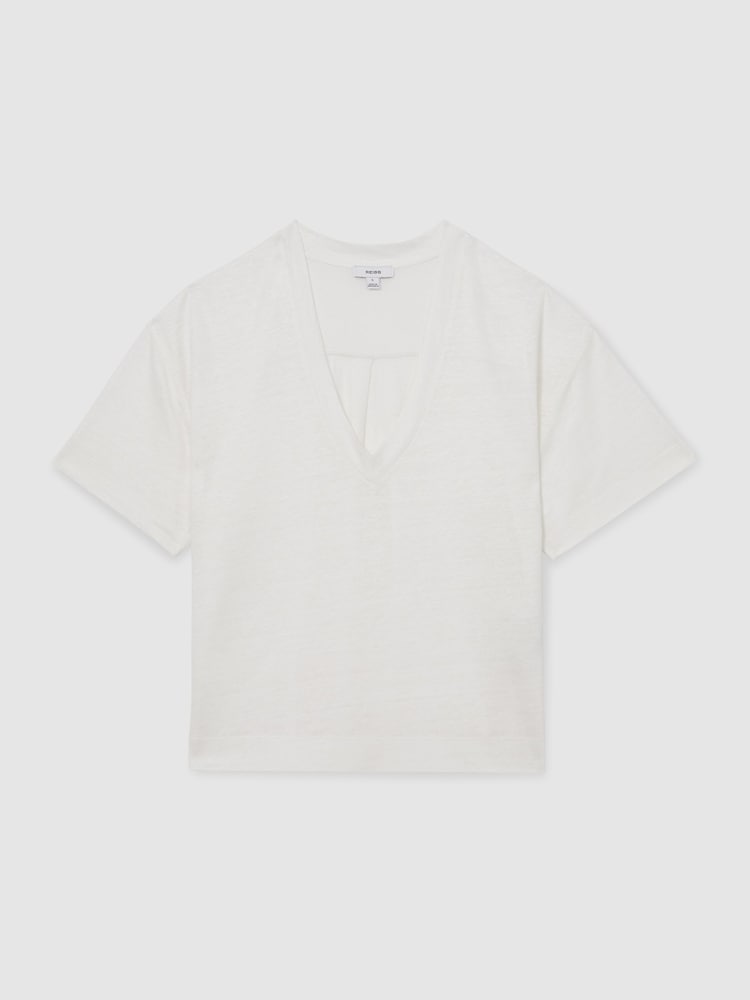 Reiss White Ember Linen V-Neck T-Shirt - Image 2 of 5 Reiss White Ember Linen V-Neck T-Shirt - Image 2 of 5