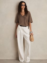 Reiss Brown Ember Linen V-Neck T-Shirt - Image 1 of 5