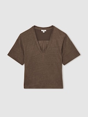 Reiss Brown Ember Linen V-Neck T-Shirt - Image 2 of 5