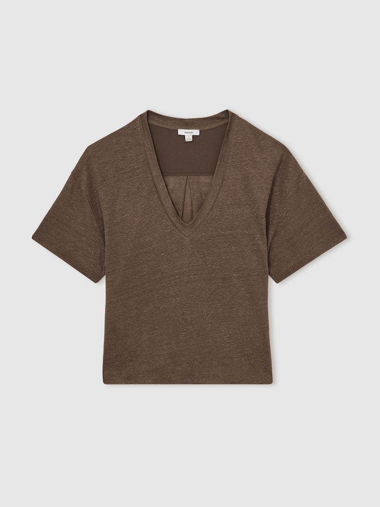 Braun - Reiss Ember T-Shirt aus Leinen mit V-Ausschnitt - Bild 2 von 5 Braun - Reiss Ember T-Shirt aus Leinen mit V-Ausschnitt - Bild 2 von 5