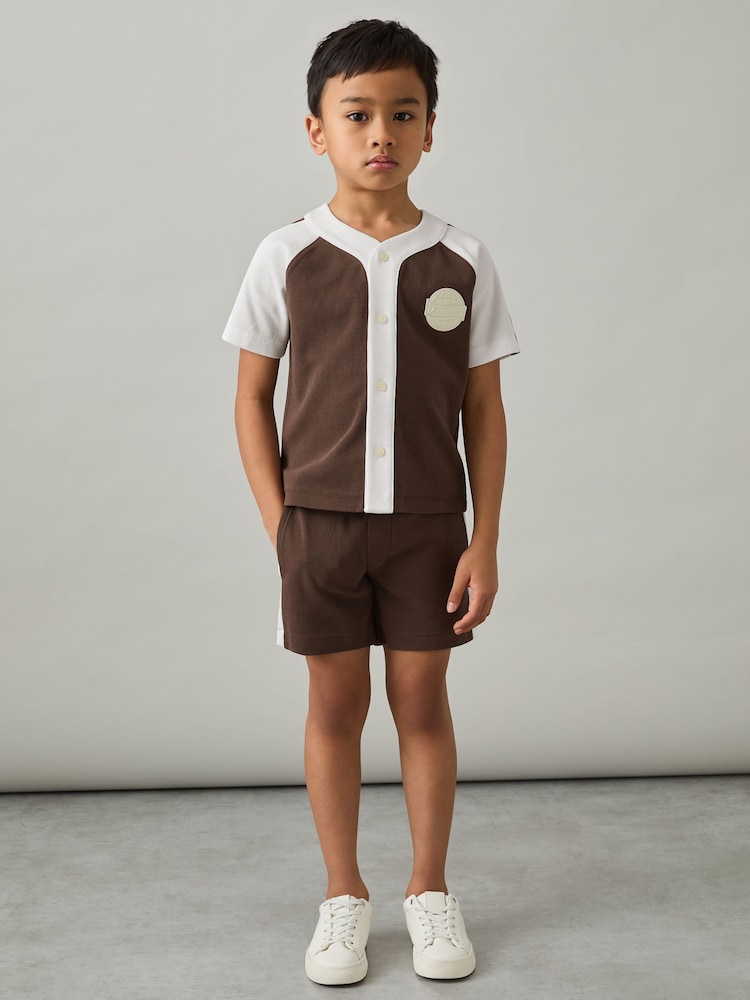 Chocolate Brown / Off White - Reiss Cane Cotton Waffle-Knit Badge Shorts - Image 3 of 4