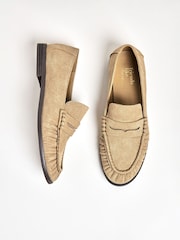 Friends Like These Taupe Flat Ruched Comfort Slip On Patent Faux Leather Penny Loafers - Image 1 of 4
