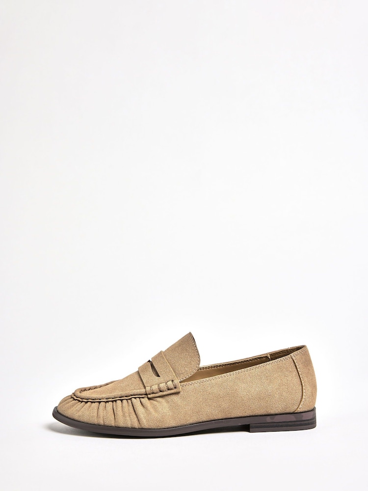 Friends Like These Taupe Flat Ruched Comfort Slip On Patent Faux Leather Penny Loafers - Image 4 of 4