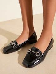 Friends Like These Black Snaffle Sqaure Toe Low Block Heel Comfort Faux Leather Loafer Shoes - Image 1 of 5