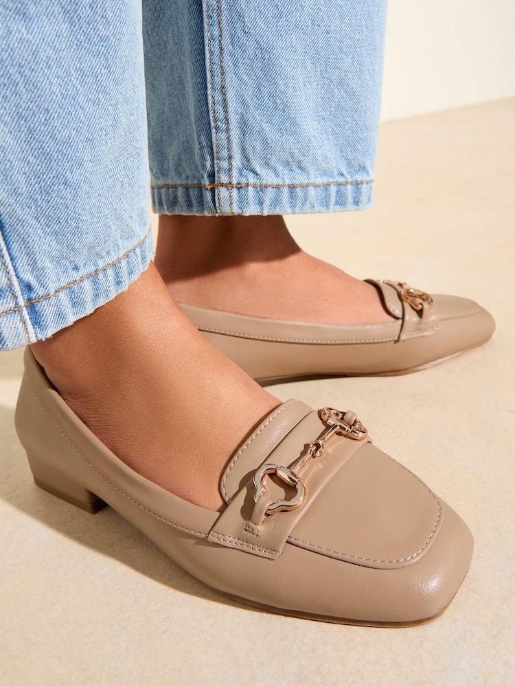 Friends Like These Taupe Snaffle Sqaure Toe Low Block Heel Comfort Faux Leather Loafer Shoes - Image 1 of 5