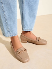Friends Like These Taupe Snaffle Sqaure Toe Low Block Heel Comfort Faux Leather Loafer Shoes - Image 2 of 5