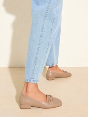 Friends Like These Taupe Snaffle Sqaure Toe Low Block Heel Comfort Faux Leather Loafer Shoes - Image 4 of 5
