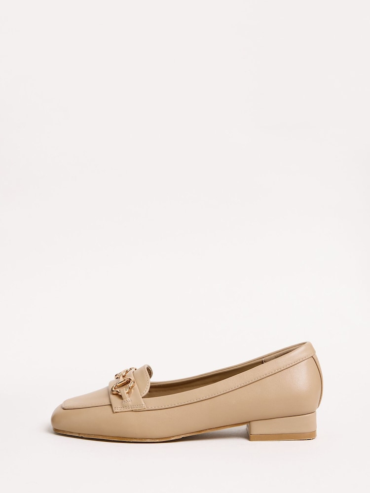 Friends Like These Taupe Snaffle Sqaure Toe Low Block Heel Comfort Faux Leather Loafer Shoes - Image 5 of 5