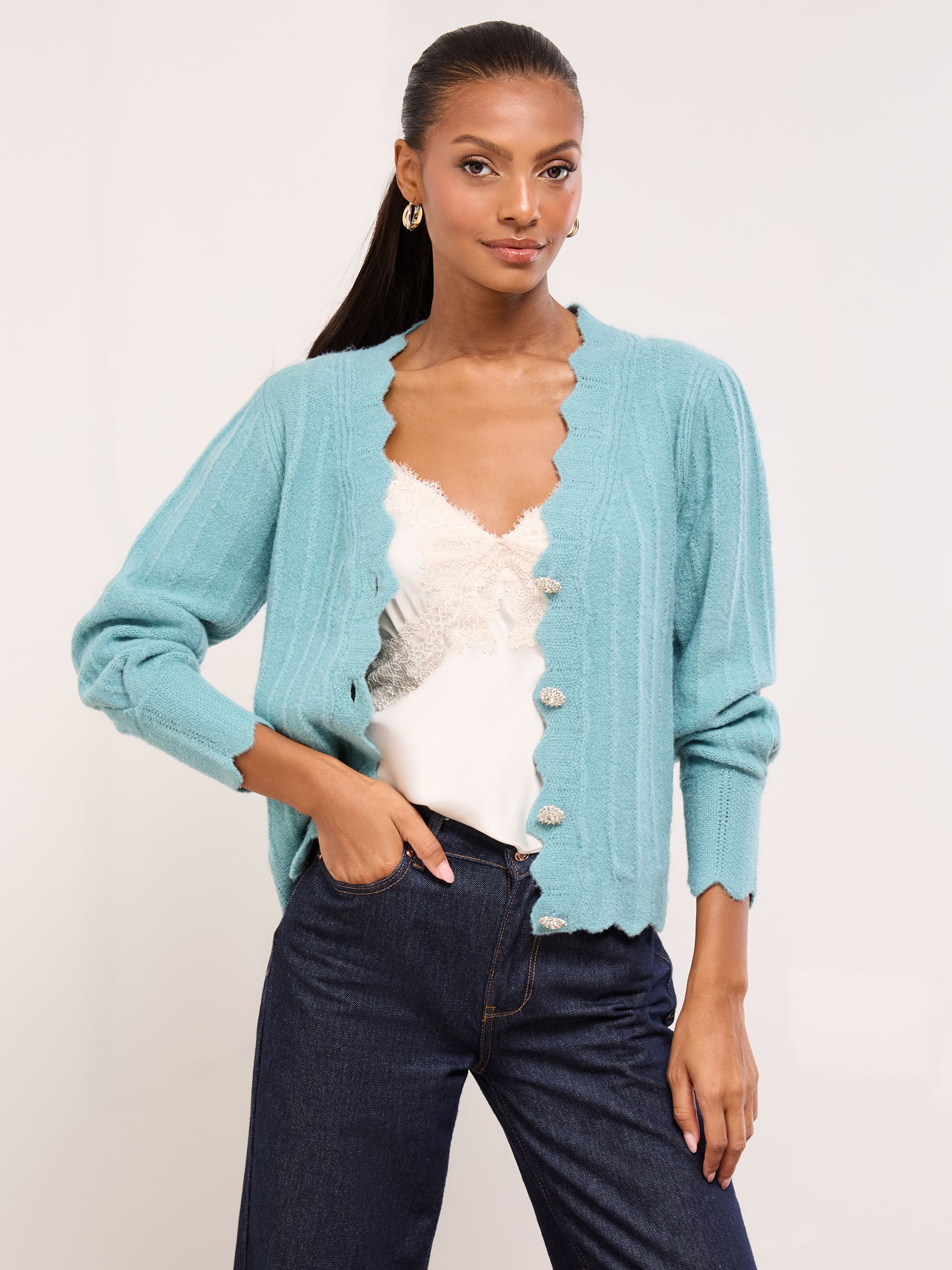 Buy Lipsy Blue Knitted Scallop Trim V-Neck Embellished Button