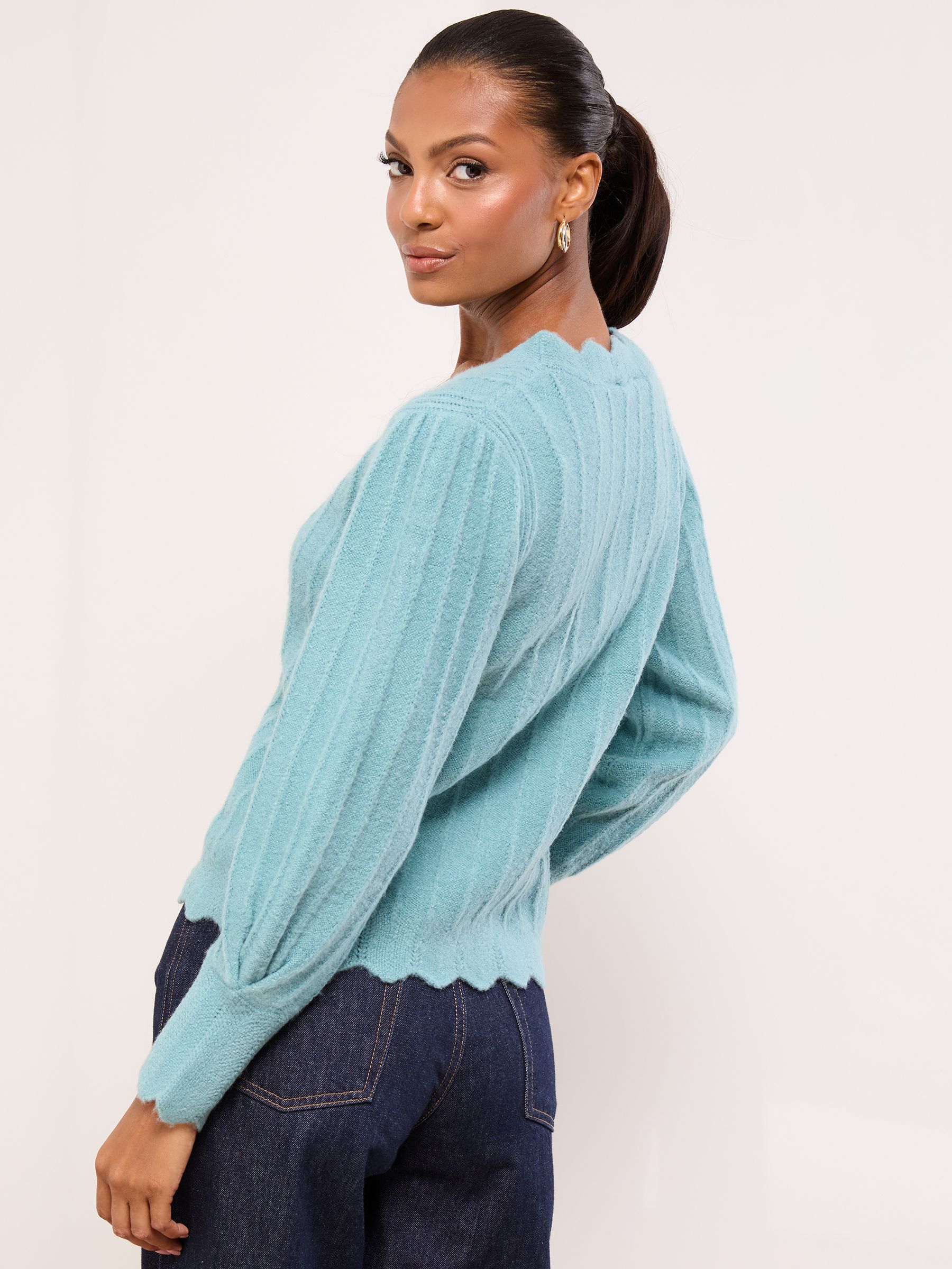 Buy Lipsy Blue Knitted Scallop Trim V-Neck Embellished Button