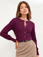 Lipsy Burgundy Red Knitted Ribbed Crew Neck Buttoned Cardigan - Image 3 of 4