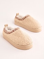 Lipsy Camel Standard Fit (F) Leopard Print Trim Borg Fluffy Slip On Mule Slippers - Image 1 of 4