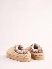 Lipsy Camel Standard Fit (F) Leopard Print Trim Borg Fluffy Slip On Mule Slippers - Image 2 of 4
