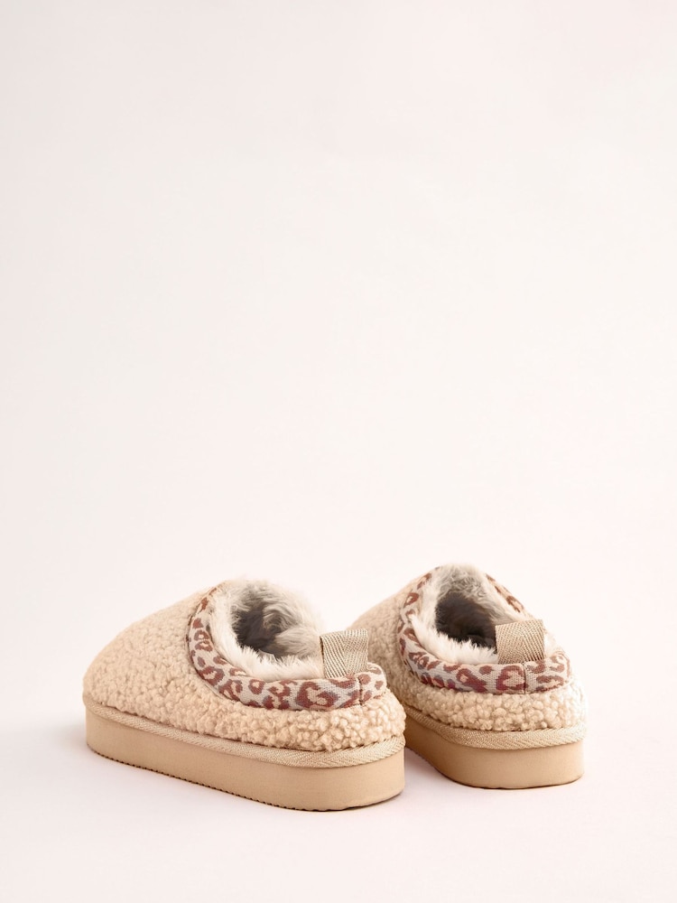 Lipsy Camel Standard Fit (F) Leopard Print Trim Borg Fluffy Slip On Mule Slippers - Image 2 of 4
