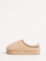 Lipsy Camel Standard Fit (F) Leopard Print Trim Borg Fluffy Slip On Mule Slippers - Image 4 of 4
