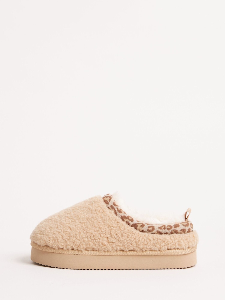 Lipsy Camel Standard Fit (F) Leopard Print Trim Borg Fluffy Slip On Mule Slippers - Image 4 of 4 Lipsy Camel Standard Fit (F) Leopard Print Trim Borg Fluffy Slip On Mule Slippers - Image 4 of 4