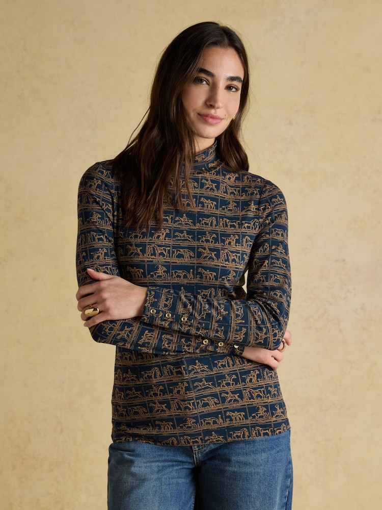 Amy Navy Horse Print Long Sleeve High Neck Jersey Top - Image 1 of 8 Amy Navy Horse Print Long Sleeve High Neck Jersey Top - Image 1 of 8