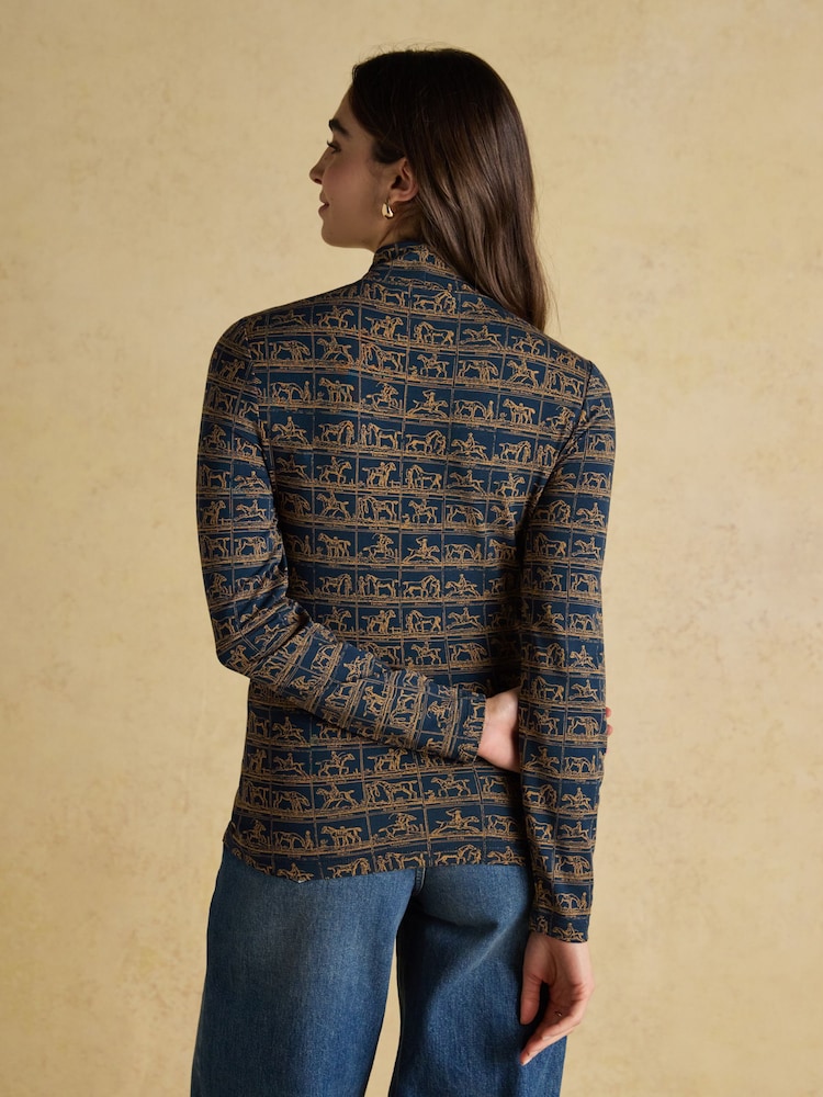 Amy Navy Horse Print Long Sleeve High Neck Jersey Top - Image 2 of 8 Amy Navy Horse Print Long Sleeve High Neck Jersey Top - Image 2 of 8
