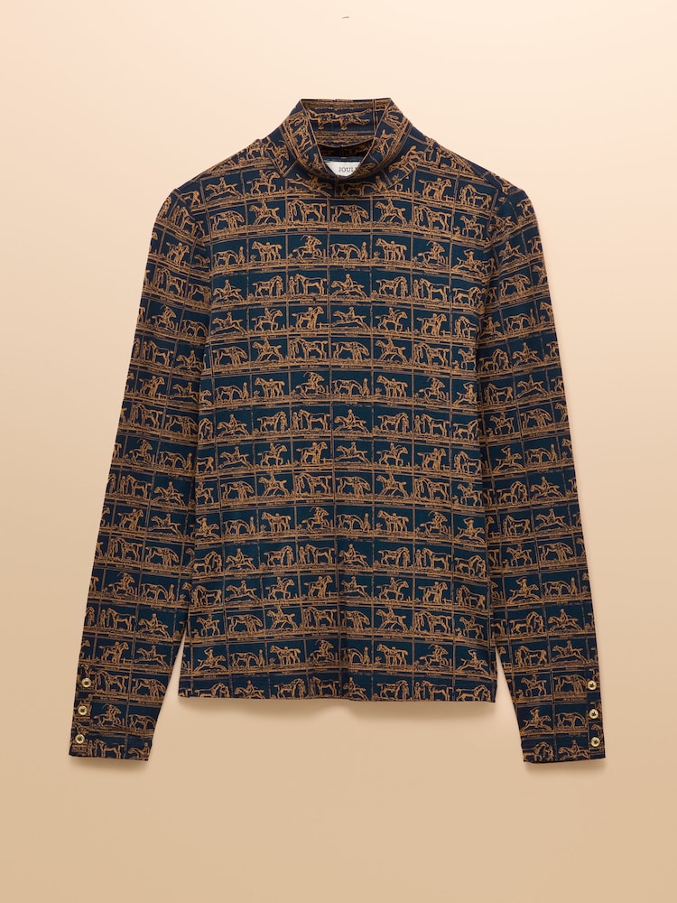Amy Navy Horse Print Long Sleeve High Neck Jersey Top - Image 8 of 8 Amy Navy Horse Print Long Sleeve High Neck Jersey Top - Image 8 of 8