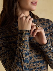 Amy Navy Horse Print Long Sleeve High Neck Jersey Top - Image 9 of 11