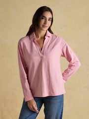 Joules Tallie Pink Combed Cotton Slub Collared Top - Image 1 of 8