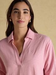 Joules Tallie Pink Combed Cotton Slub Collared Top - Image 4 of 8