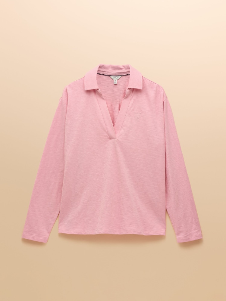 Joules Tallie Pink Combed Cotton Slub Collared Top - Image 8 of 8