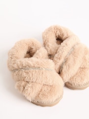 Lipsy Camel Embellished Cross Strap Slingback Fluffly Slippers - Image 1 of 4
