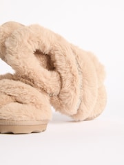 Lipsy Camel Embellished Cross Strap Slingback Fluffly Slippers - Image 3 of 4