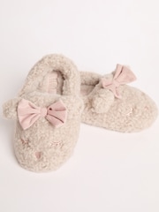Lipsy Cream Faux Fur Teddy Bear Fluffy Bow Closed Toe Mule Slippers - Image 1 of 5