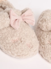 Lipsy Cream Faux Fur Teddy Bear Fluffy Bow Closed Toe Mule Slippers - Image 2 of 5