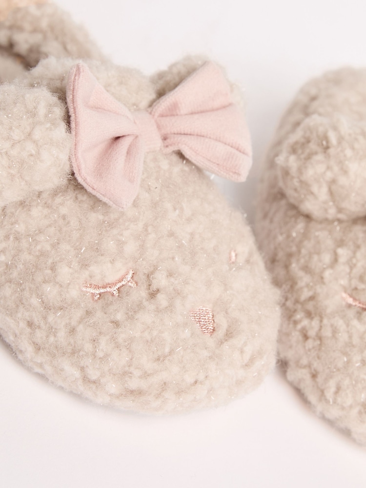 Lipsy Cream Faux Fur Teddy Bear Fluffy Bow Closed Toe Mule Slippers - Image 2 of 5