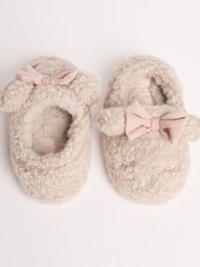 Lipsy Cream Faux Fur Teddy Bear Fluffy Bow Closed Toe Mule Slippers - Image 3 of 5