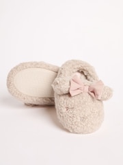 Lipsy Cream Faux Fur Teddy Bear Fluffy Bow Closed Toe Mule Slippers - Image 4 of 5