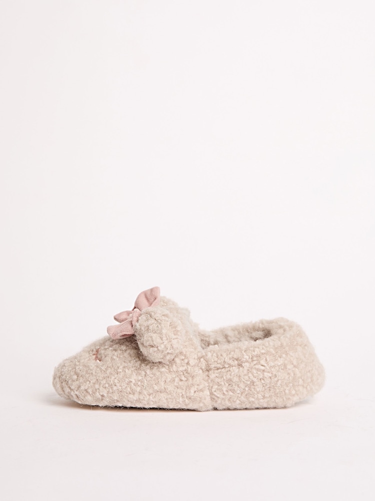 Lipsy Cream Faux Fur Teddy Bear Fluffy Bow Closed Toe Mule Slippers - Image 5 of 5