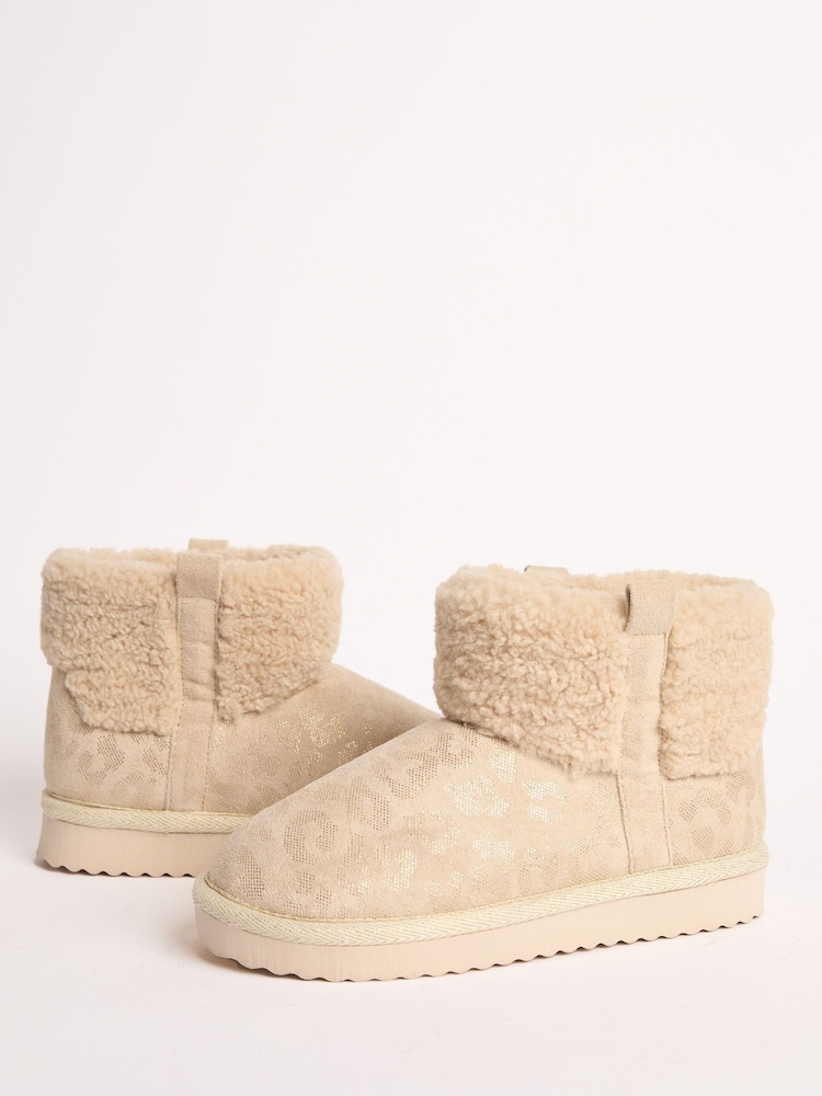 Lipsy Cream Standard Fit (F) Faux Shearling Lined Print Pull On Bootie Slippers - Image 1 of 5