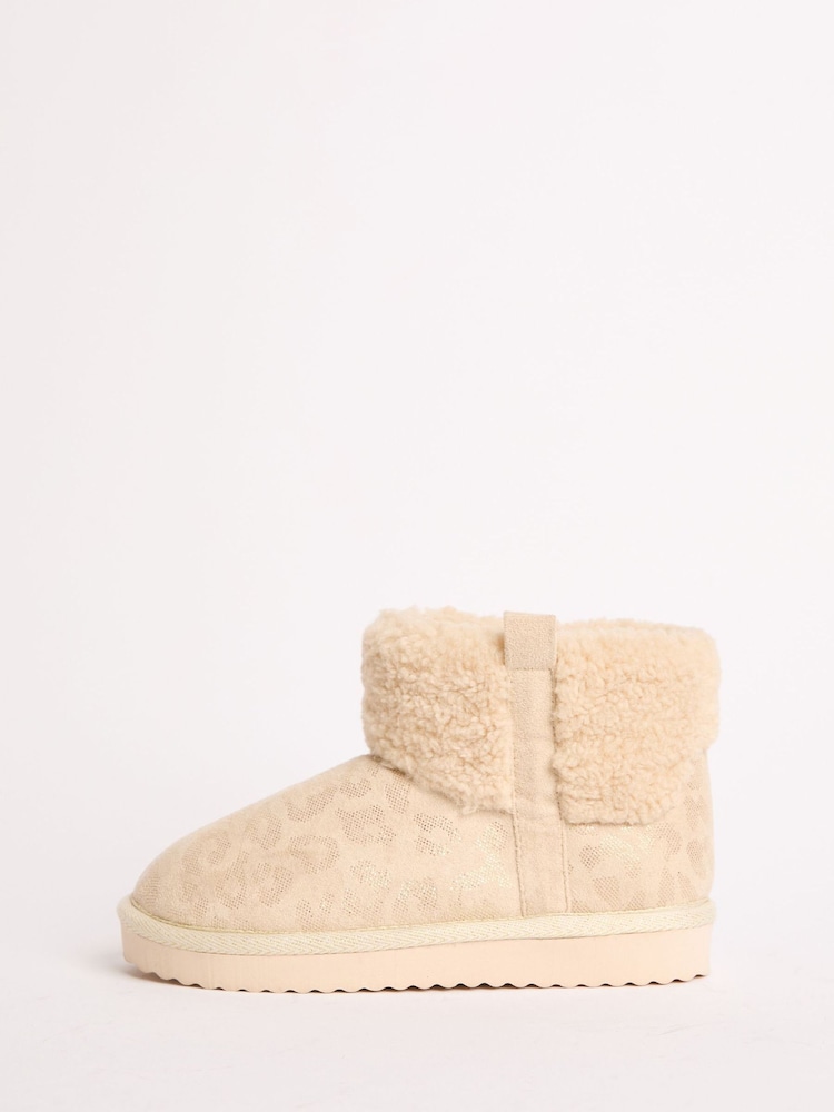 Lipsy Cream Standard Fit (F) Faux Shearling Lined Print Pull On Bootie Slippers - Image 5 of 5