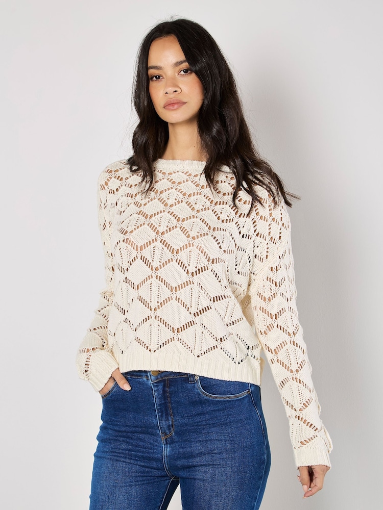 Apricot Cream Diamond Pointelle Boxy Jumper - Image 1 of 4 Apricot Cream Diamond Pointelle Boxy Jumper - Image 1 of 4
