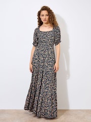 Apricot Blue Floral Print Paisley Tiered Maxi Dress - Image 1 of 5