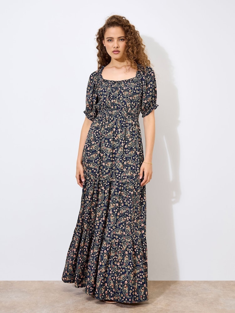 Apricot Blue Floral Print Paisley Tiered Maxi Dress - Image 1 of 5 Apricot Blue Floral Print Paisley Tiered Maxi Dress - Image 1 of 5