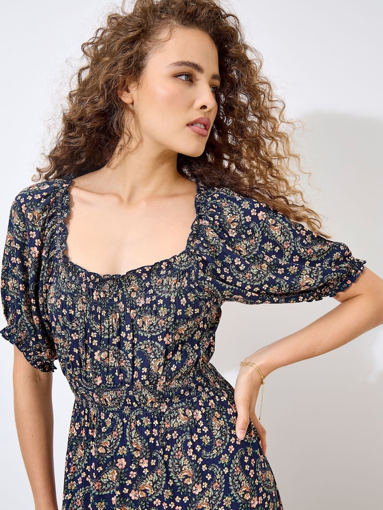 Apricot Blue Floral Print Paisley Tiered Maxi Dress - Image 2 of 5 Apricot Blue Floral Print Paisley Tiered Maxi Dress - Image 2 of 5