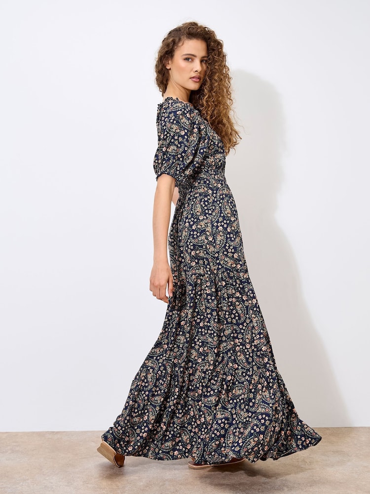 Buy Apricot Blue Floral Print Paisley Tiered Maxi Dress from the