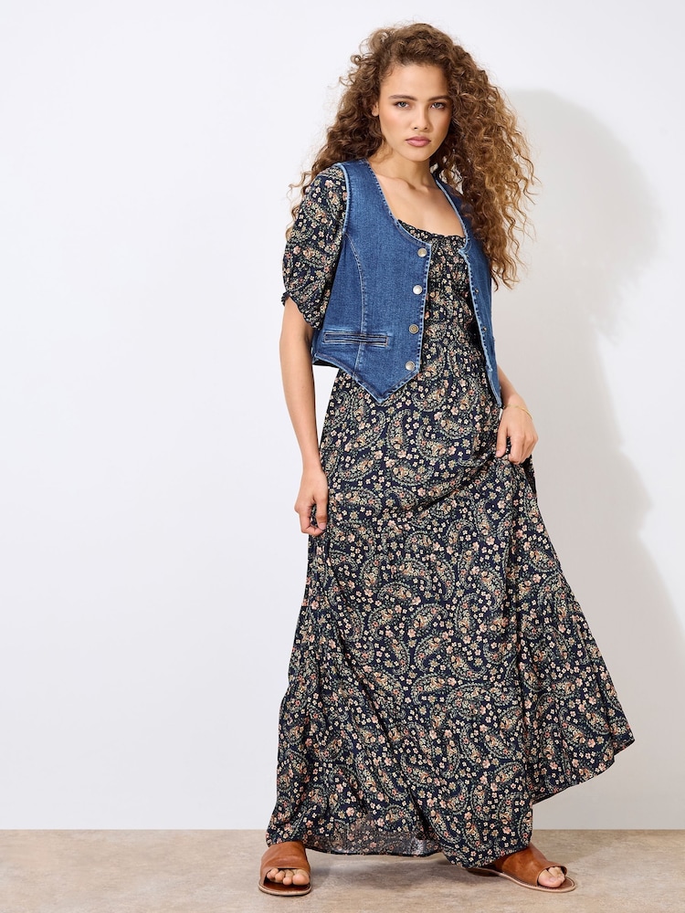 Apricot Blue Floral Print Paisley Tiered Maxi Dress - Image 5 of 5