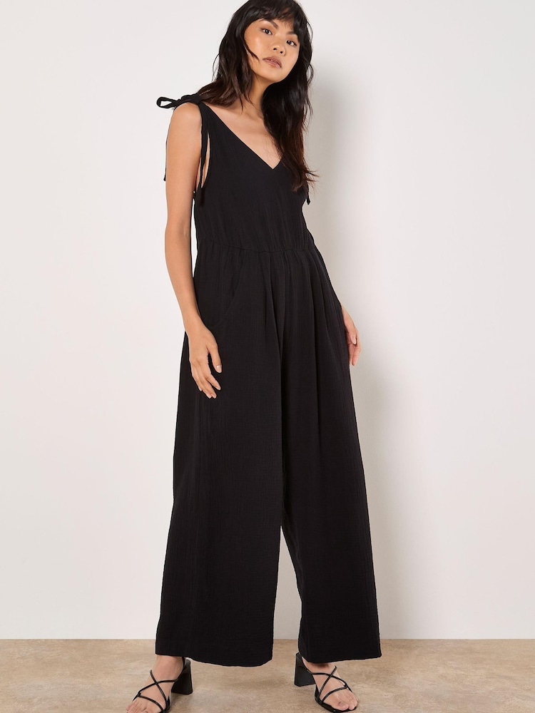 Apricot Black Tetra Tie Shoulder 100% Cotton Jumpsuit - Image 1 of 5