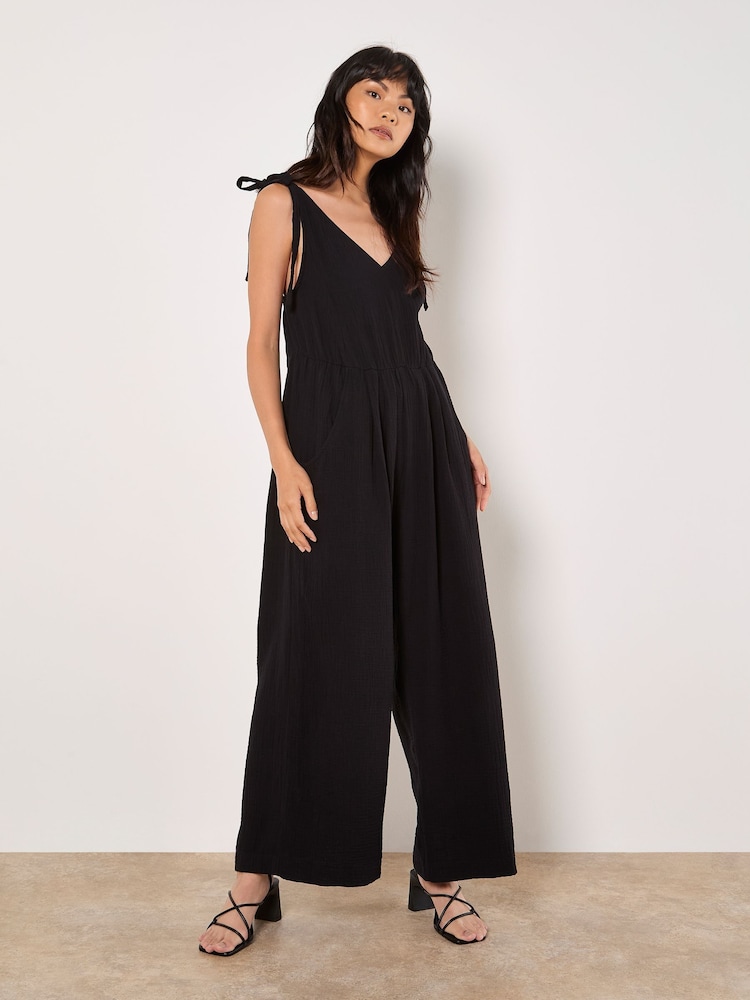 Apricot Black Tetra Tie Shoulder 100% Cotton Jumpsuit - Image 5 of 5 Apricot Black Tetra Tie Shoulder 100% Cotton Jumpsuit - Image 5 of 5